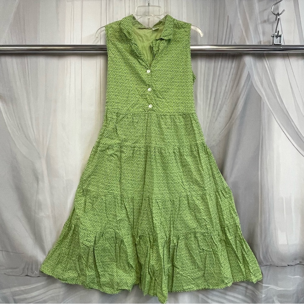 Vintage La Cera Green Sleeveless Dress Cottagecore Tiered Maxi Tie Y2K Prairie